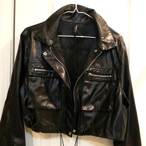 American Bazi Black Faux/Vegan Leather Crop Moto Jacket with Bungee Cinch Waist - Picture 8 of 16